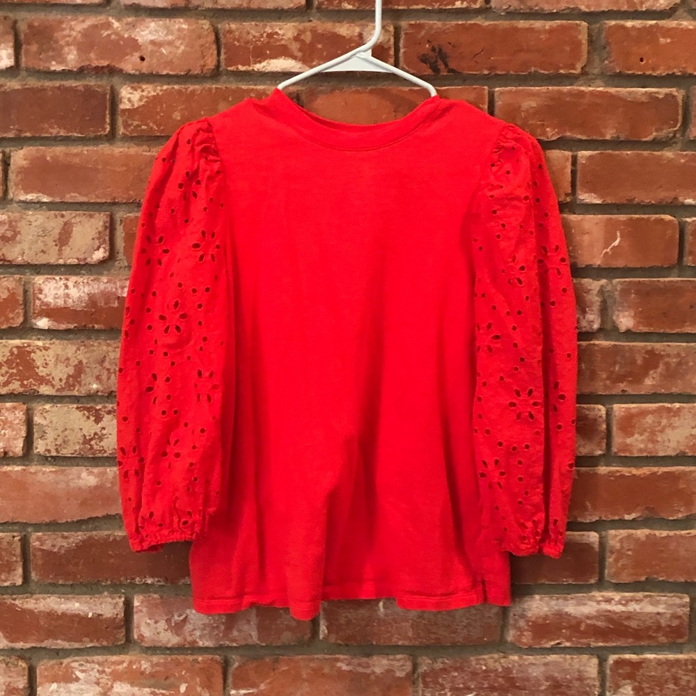 Red Eyelet Puff Sleeve Blouse